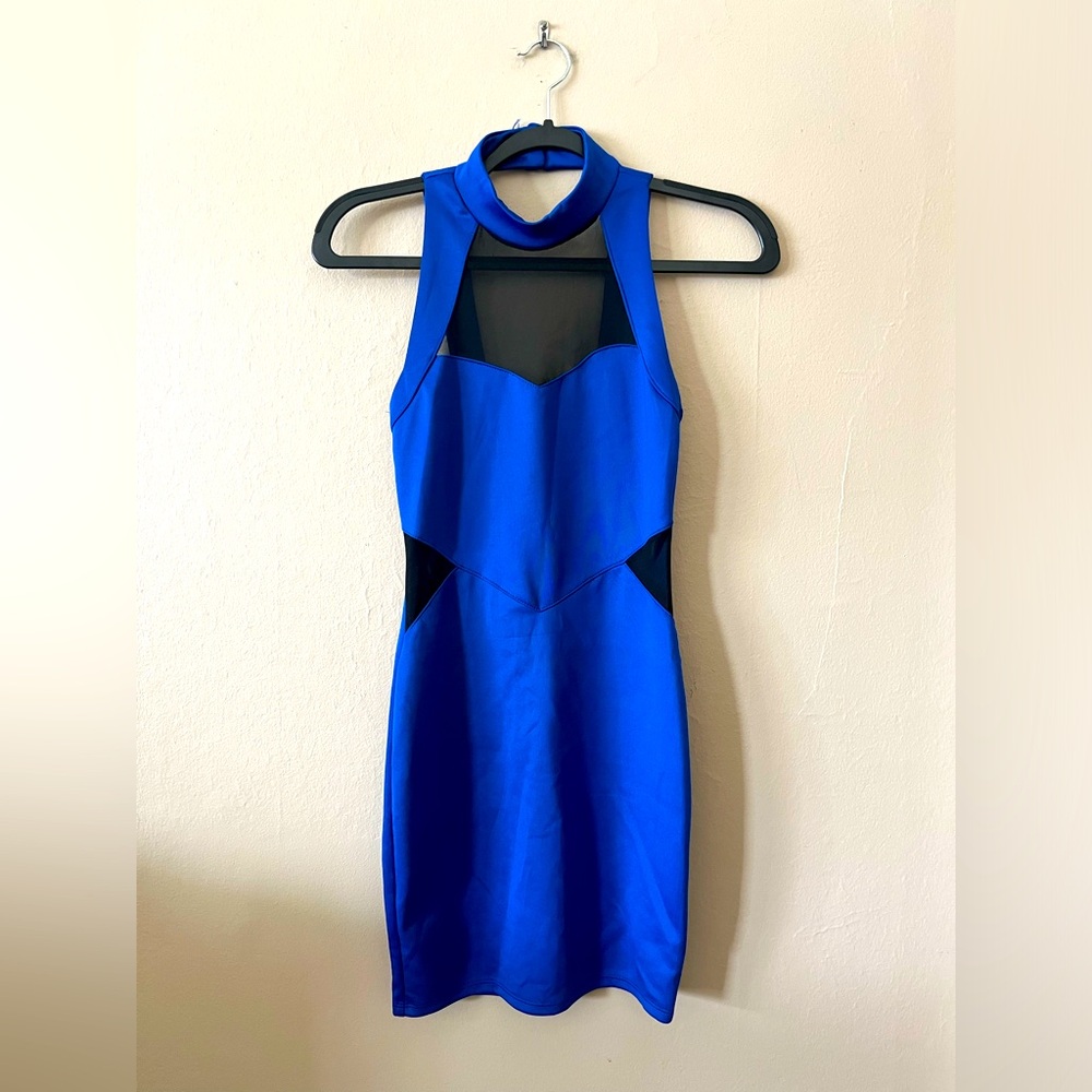 NWT 2B bebe Royal Blue Mesh Cut Out Mini Clubbing Body-con Dress XS